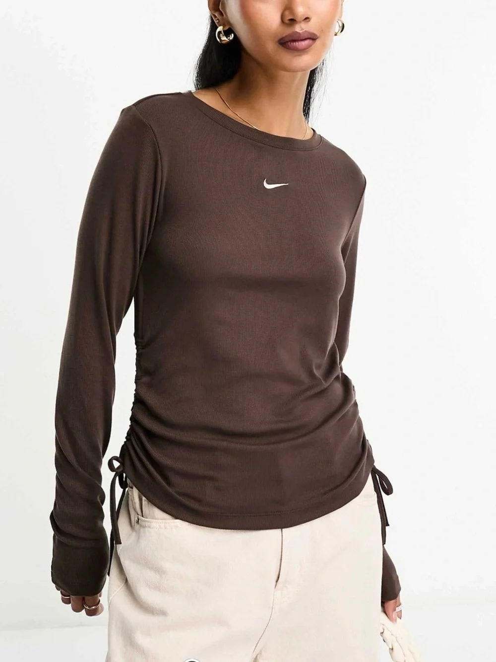 Nike Women’s Essential Ribbed Drawstring Long Sleeve T-Shirt in Baroque Brown